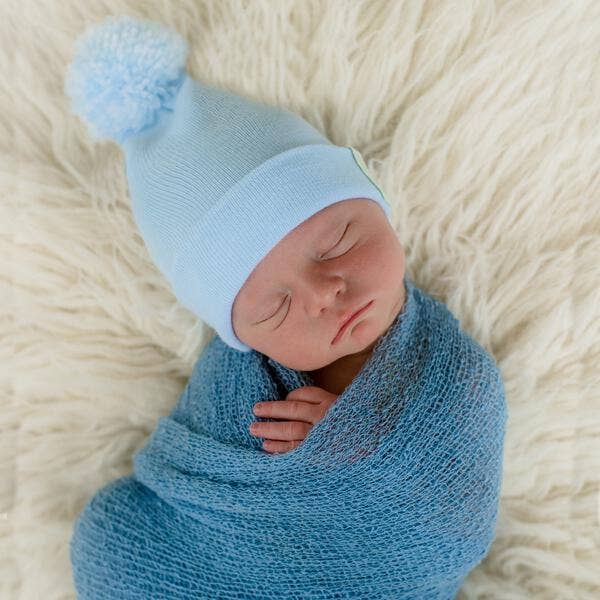 Newborn Boy Blue Beanie with WHITE or Mixed Blue Pom Hat