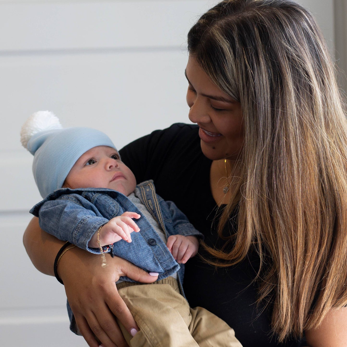 Newborn Boy Blue Beanie with WHITE or Mixed Blue Pom Hat