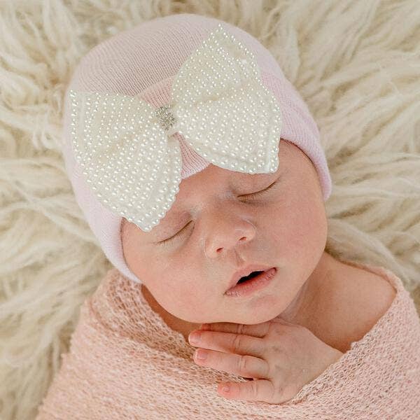 Ilybean Pink Hat with Pearl Bow Newborn Girl Hospital Hat