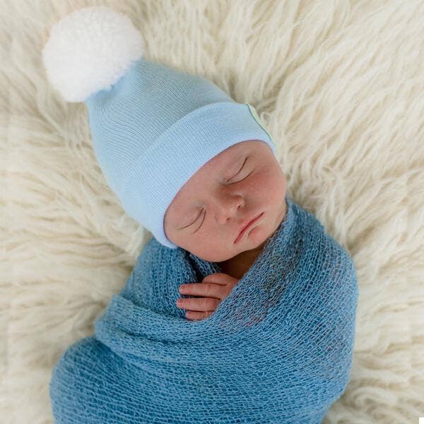 Newborn Boy Blue Beanie with WHITE or Mixed Blue Pom Hat