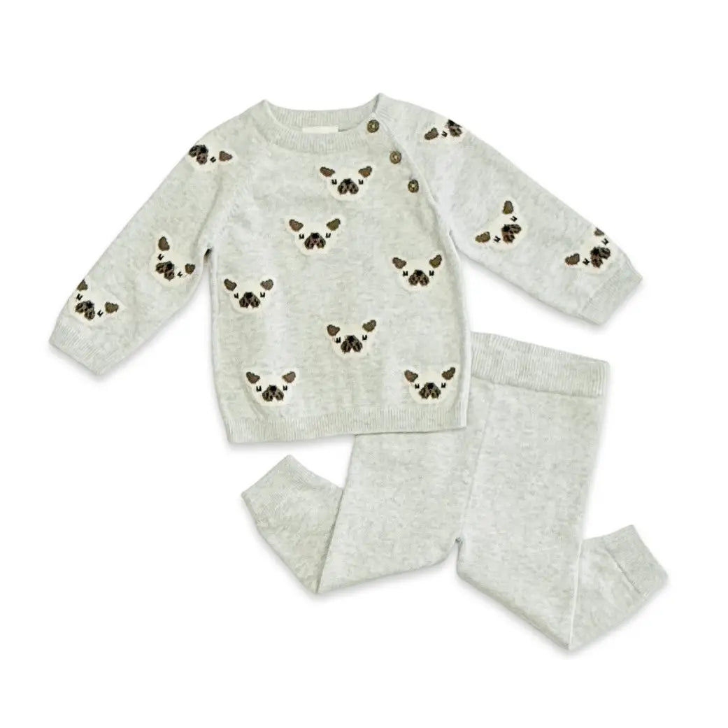Frenchie Puppy Jacquard Knit Baby Pullover + Pants Organic