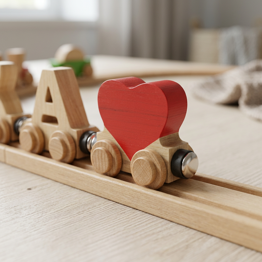 Red NameTrain Heart connected to a wooden A letter car on a wooden railway track in a softly lit playroom.