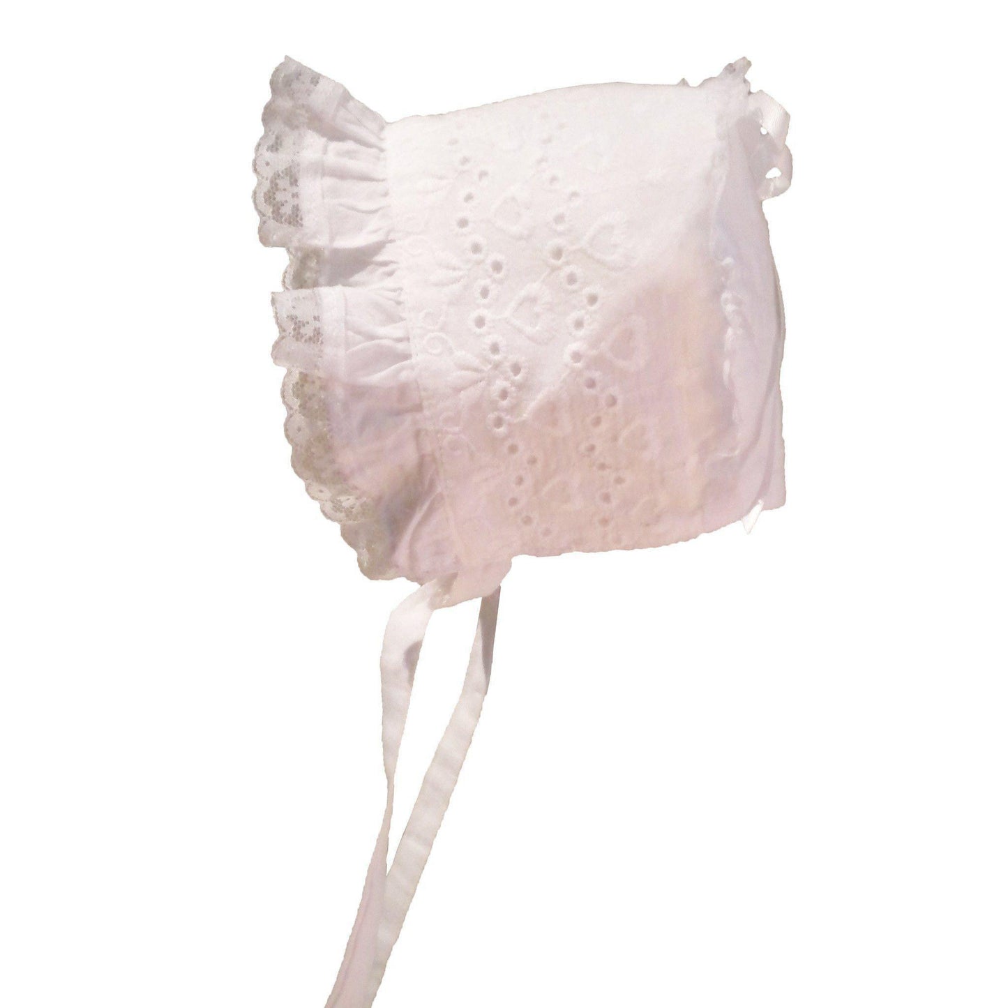 Girls White Heart Eyelet Baby Bonnet