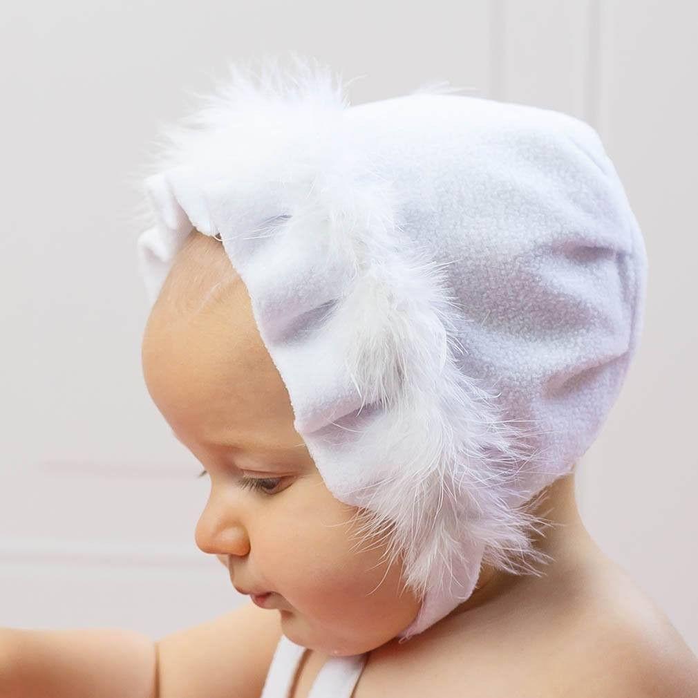 Girls White Marabou Fleece Bonnet