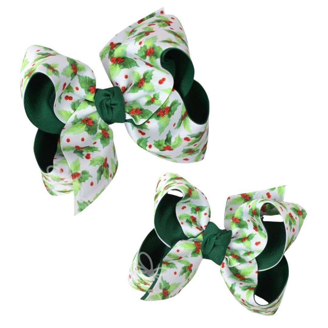 Layered Holly Print Bow on Alligator Clip
