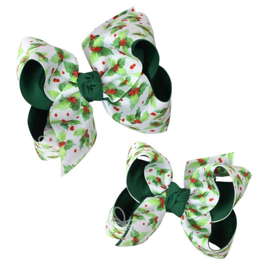 Layered Holly Print Bow on Alligator Clip
