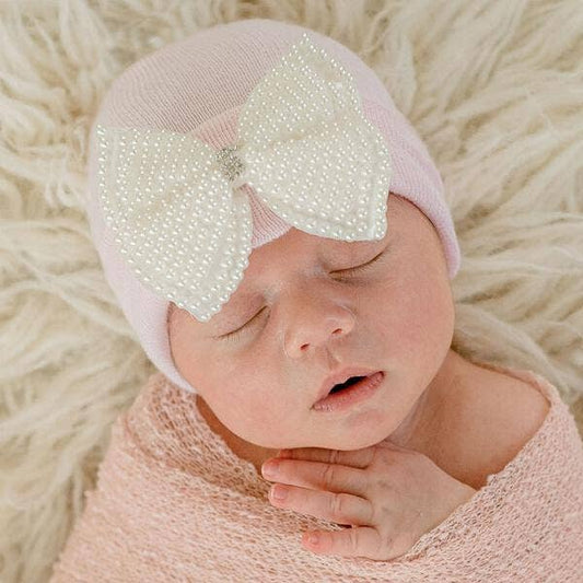 Ilybean Pink Hat with Pearl Bow Newborn Girl Hospital Hat