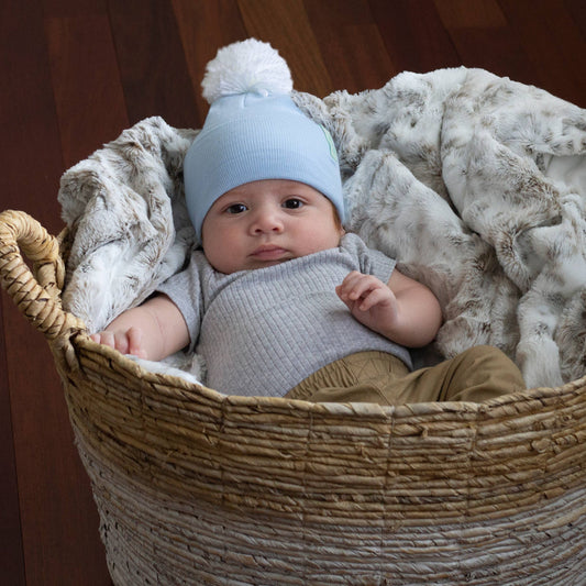 Newborn Boy Blue Beanie with WHITE or Mixed Blue Pom Hat