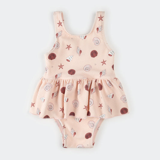 Shell Print on Light Pink Skirted Swimsuit