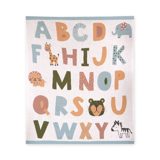 Alphabet Blue - Organic Jacquard Sweater Knit Baby Blanket