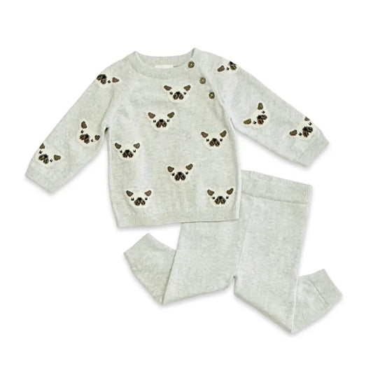 Frenchie Puppy Jacquard Knit Baby Pullover + Pants Organic