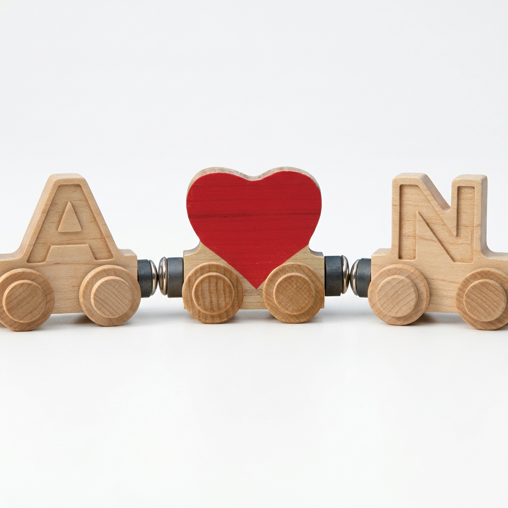 Red NameTrain Heart between wooden A and N letter cars, joined by magnetic couplings on a white surface.