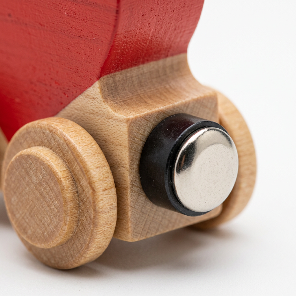 Close-up of the NameTrain Heart's silver magnetic end, black coupling housing, wooden chassis and wheel.